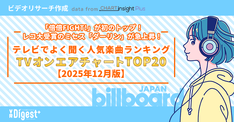 「倍倍FIGHT!」が初のトップ！レコ大受賞のミセス「ダーリン」が急上昇！ テレビでよく聞く人気楽曲ランキング「TVオンエアチャートTOP20」【2025年12月版】