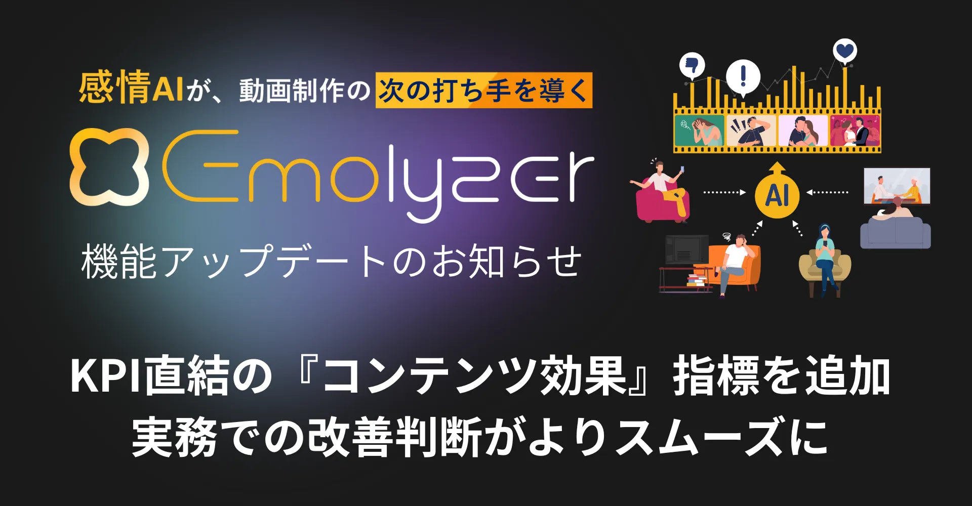感情AIが動画制作の儀のうち手を導く Emolyzer 昨日アップデートのお知らせ KPI直結の『コンテンツ効果』指標を追加 実務での改善判断がよりスムーズに