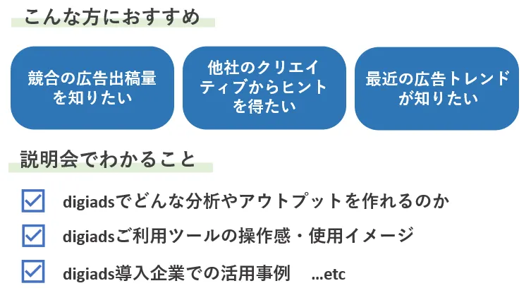 こんな方におすすめ 競合の広告出稿量を知りたい 他社のクリエイティブからヒントを得たい 最近の広告トレンドが知りたい 説明会でわかること digiadsでどんな分析やアウトプットを作れるのか digiadsご利用ツールの操作感・使用イメージ digiads導入企業での活用事例 ...etc