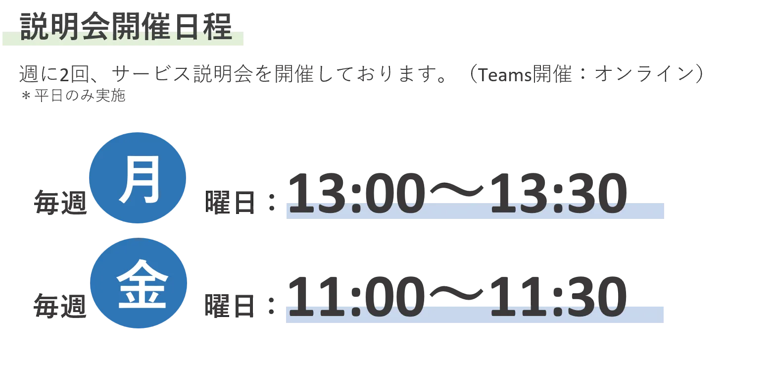 説明会開催日程 週に2回、サービス説明会を開催しております。(Teams開催:オンライン)*平日のみ実施 毎週月曜日:13:00~13:30 毎週金曜日:11:00~11:30