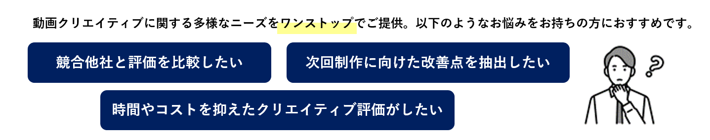 動画クリエイティブに関する多様なニーズをワンストップでご提供。以下のようなお悩みをお持ちの方におすすめです。競合他社と評価を比較したい。次回制作に向けた改善点を抽出したい。時間やコストを抑えたクリエイティブ評価がしたい。